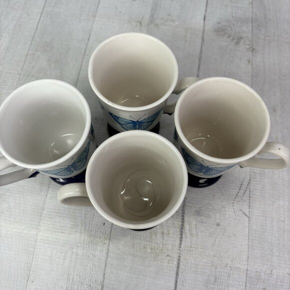 Vintage BUTTERFLY Cobalt Blue White Pedestal Ceramic 10oz Irish Coffee Mug Set 4 - Picture 7 of 16
